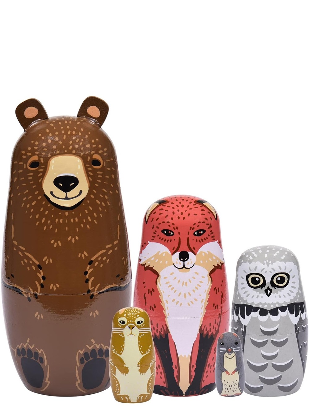 Woodland Animal Russian Nesting Dolls Set Bear Fox Owl Woodsy Forest Wood Toys